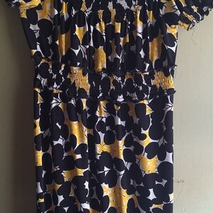 Off-Brand Yellow & Black Floral Midi Dress with Smocked Waist
